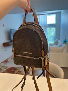 Michael Kors Dark Brown Signature Mini Backpack with Gold Hardware